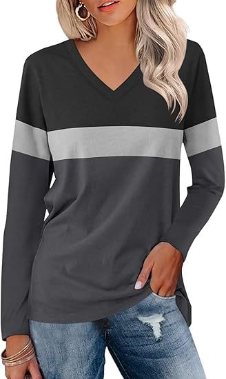 Damen Langarmshirt mit V-Ausschnitt und modernen Farbblöcken Heidi-Mode