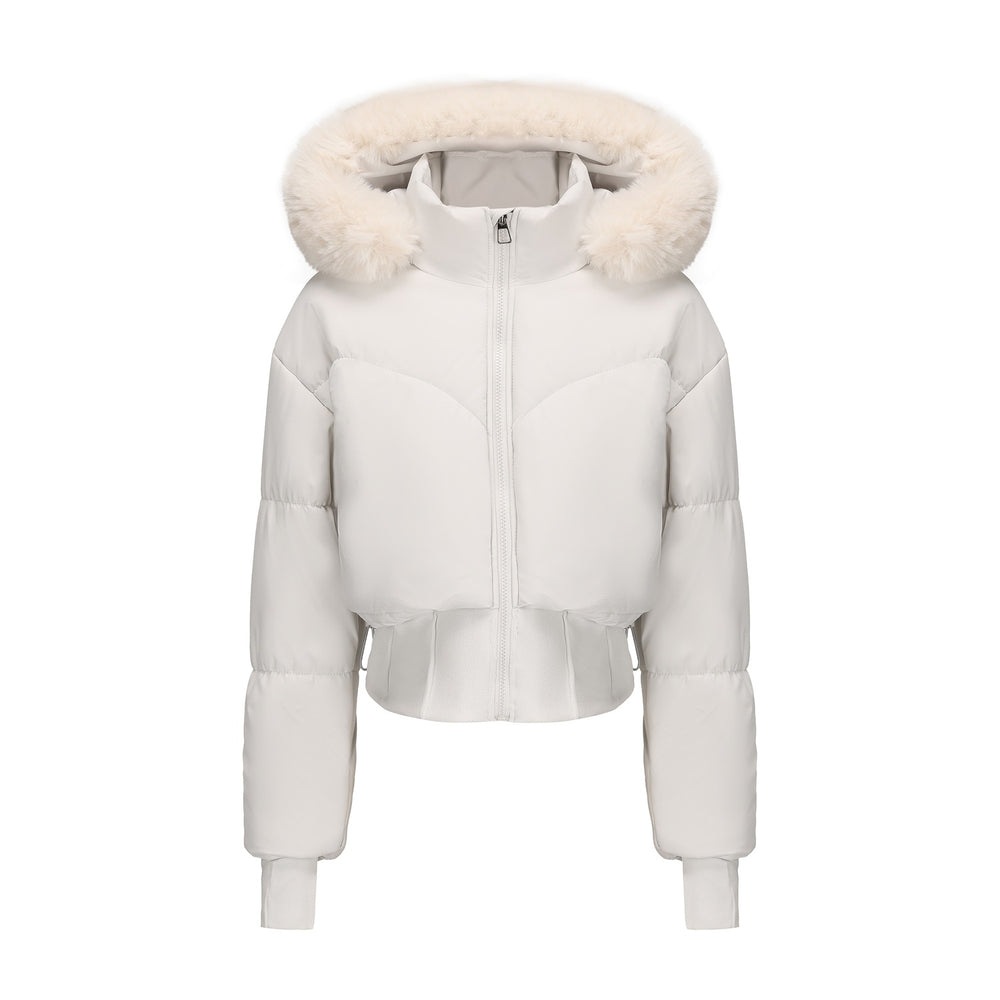 Damen cropped Daunenjacke mit abnehmbarer Kapuze und Kunstfellbesatz