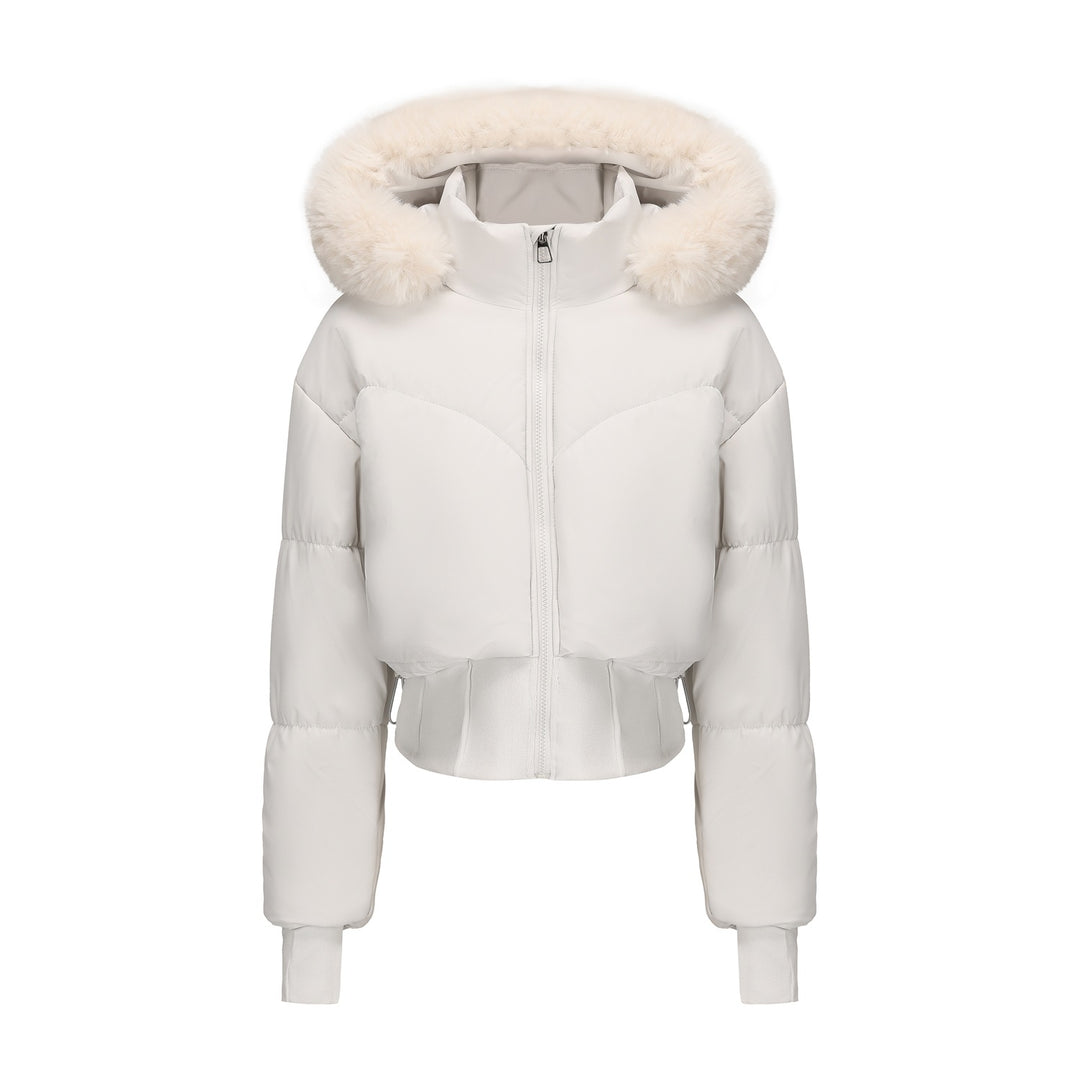 Damen cropped Daunenjacke mit abnehmbarer Kapuze und Kunstfellbesatz Heidi-Mode