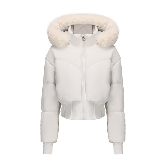 Damen cropped Daunenjacke mit abnehmbarer Kapuze und Kunstfellbesatz Heidi-Mode
