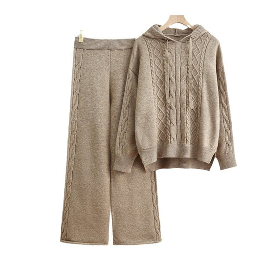 Damen lässiges Strick-Loungewear-Set mit Kapuze und breiten Beinen Heidi-Mode