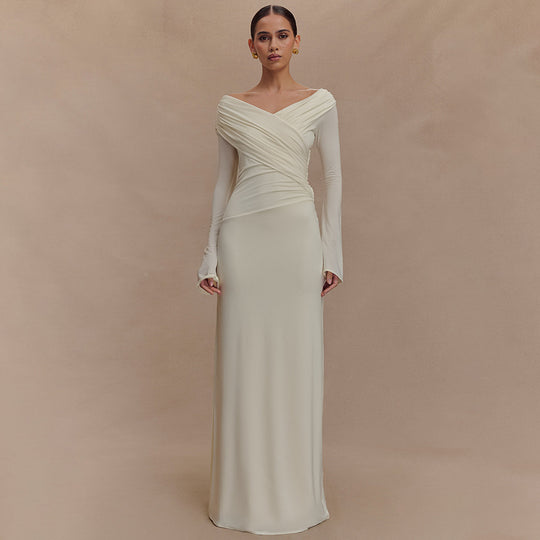 Damen elegantes Maxikleid mit off-shoulder Design und Wickeldetails Heidi-Mode