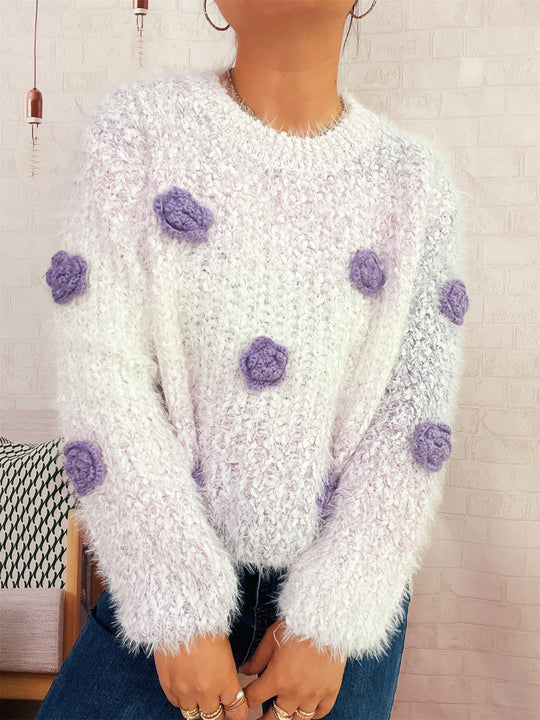 Damen gemütlicher, fluffiger Pullover mit verspielten Blumenapplikationen Heidi-Mode