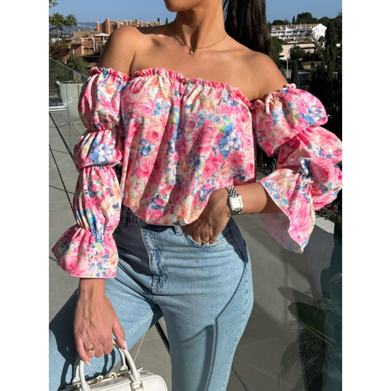 Damen Off-Shoulder Bluse mit Blumenmuster und Rüschensleeves Heidi-Mode