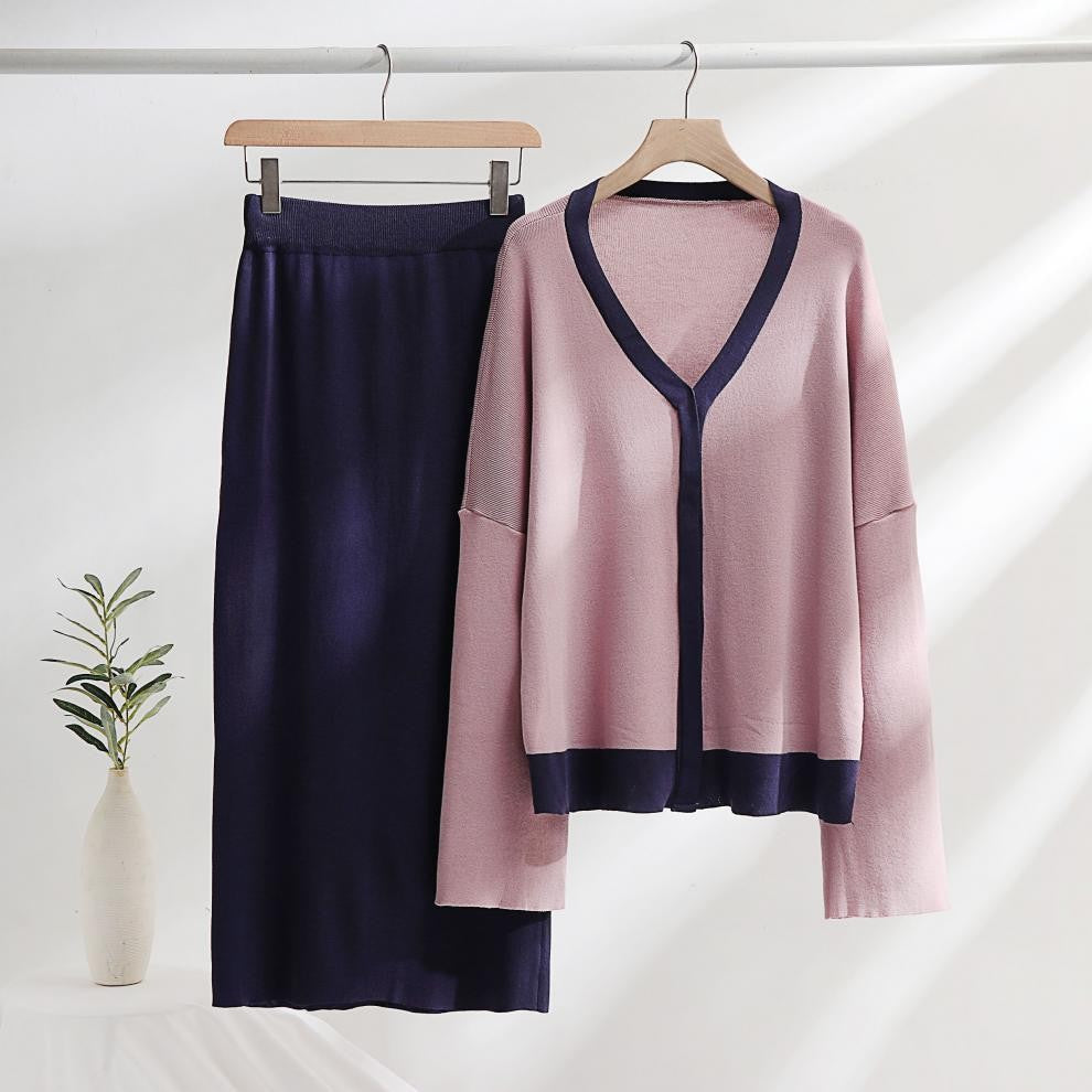 Damen elegantes Strick-Kombinationsset mit tiefem V-Ausschnitt und Kontrastdetails Heidi-Mode