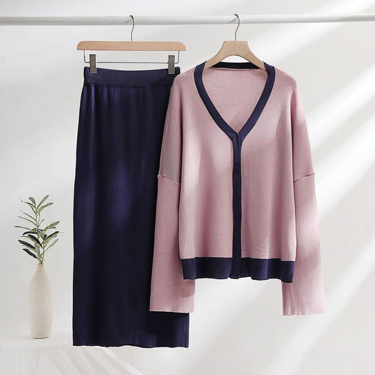 Damen elegantes Strick-Kombinationsset mit tiefem V-Ausschnitt und Kontrastdetails Heidi-Mode