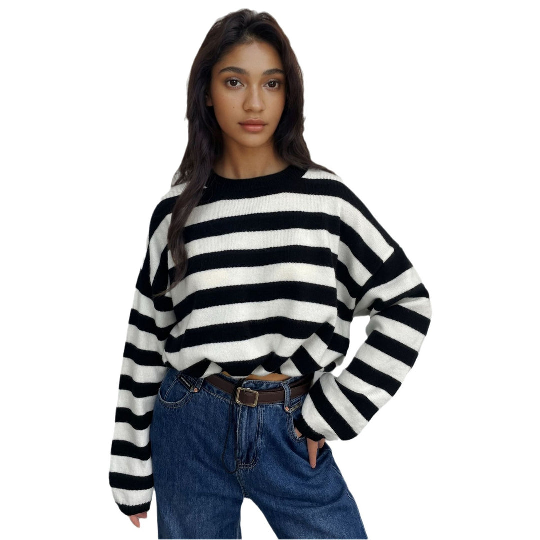 Damen Gemütlicher Ringelpullover mit lässigem Schnitt und tiefem Saum Heidi-Mode