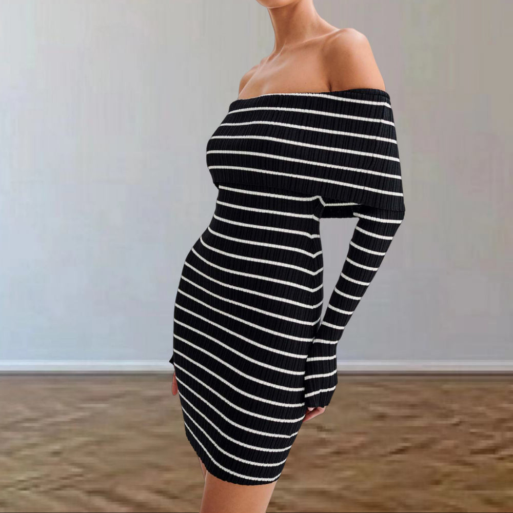Damen Off-Shoulder Strickkleid mit langen Ärmeln und Streifenmuster Heidi-Mode