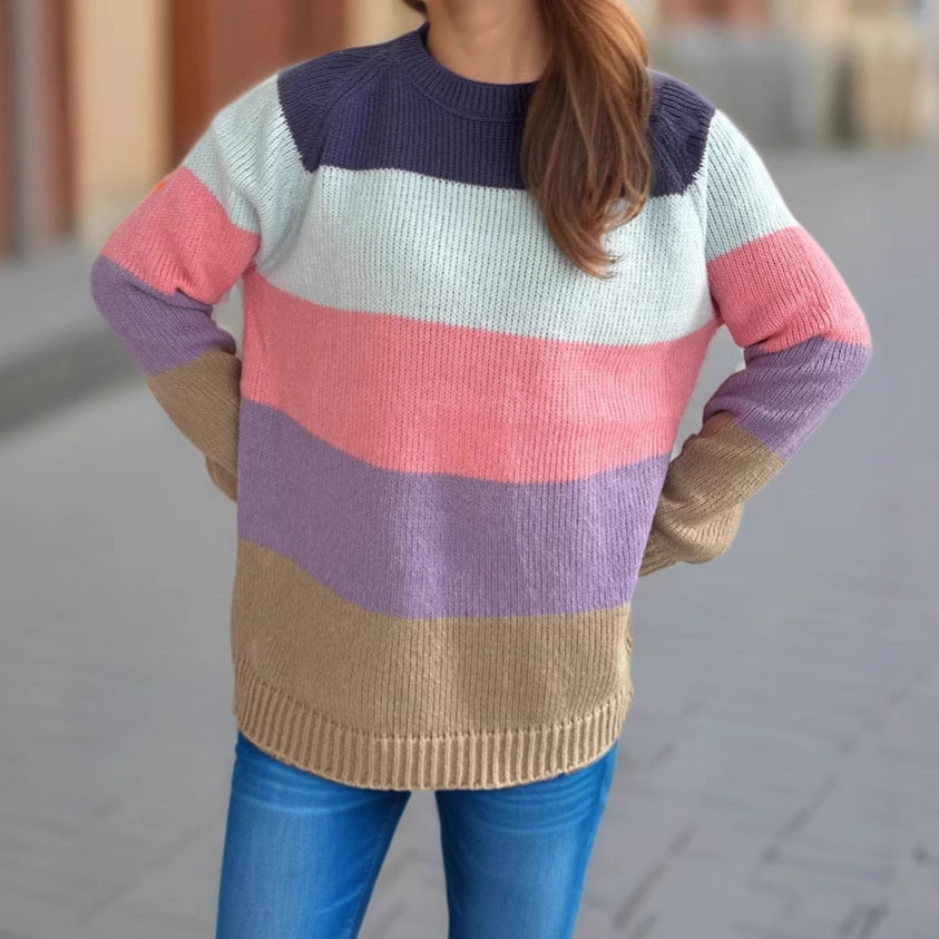 Damen lässiger Strickpullover mit bunten Blockstreifen und weitem Schnitt Heidi-Mode