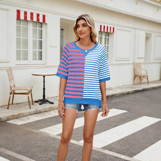 Heidi Mode | Gestreifte farblich passende Rundhalsausschnitt lose kurze Ärmel