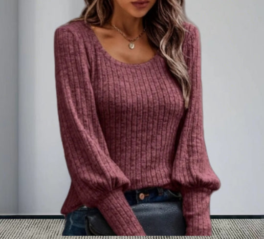 Damen Strickpullover mit Ballonärmeln und feinem Rippmuster Heidi-Mode