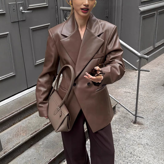 Damen stilvolle Kunstlederblazerjacke mit oversized Schnitt Heidi-Mode