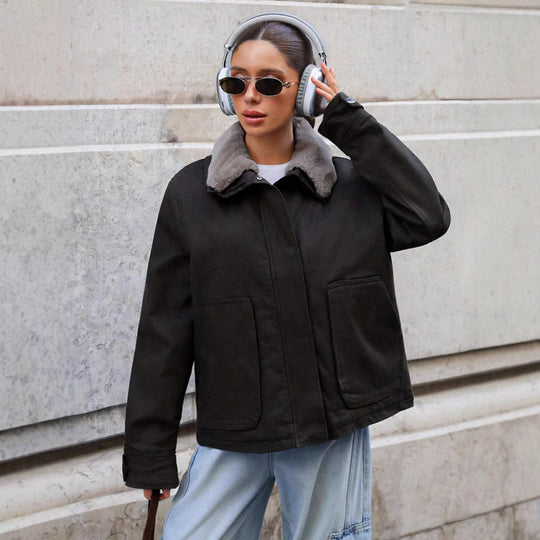 Damen lässige Übergangsjacke mit Kunstfellkragen und praktischen Taschen Heidi-Mode