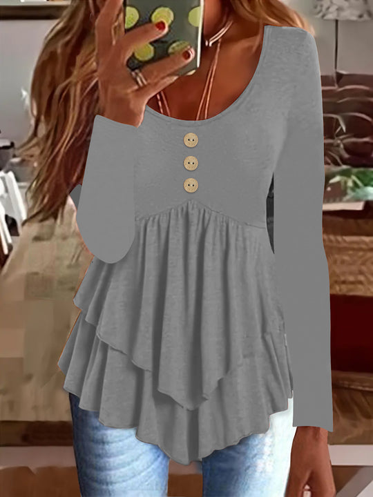 Damen Langarm Blusenshirt mit mehrlagigem Design und dekorativen Knopfdetails Heidi-Mode