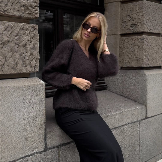 Damen Kuscheliger Pullover mit lässigem Schnitt und tiefem V-Ausschnitt Heidi-Mode