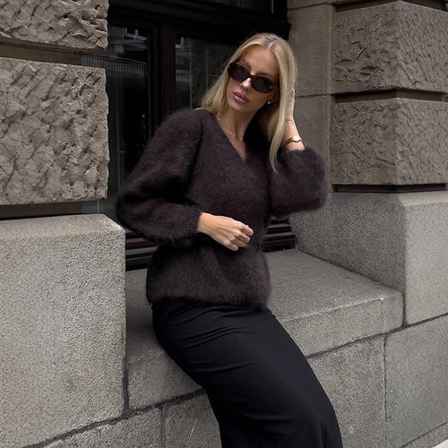 Damen Kuscheliger Pullover mit lässigem Schnitt und tiefem V-Ausschnitt Heidi-Mode