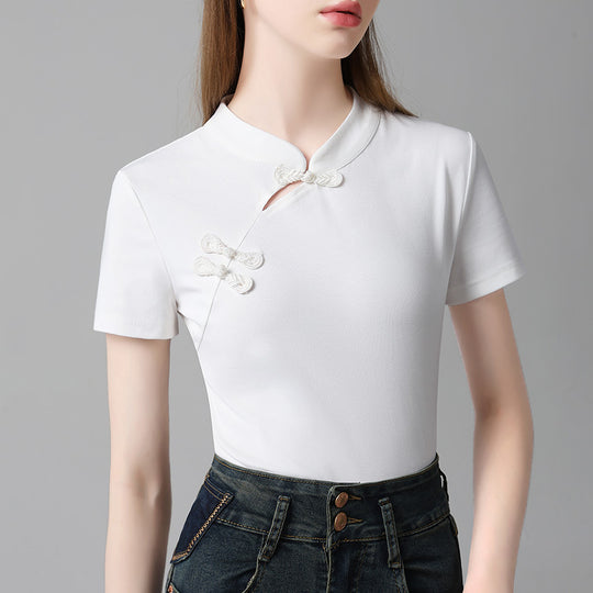Damen T-Shirt mit elegantem Stehkragen und kunstvollen Knopfdetails Heidi-Mode