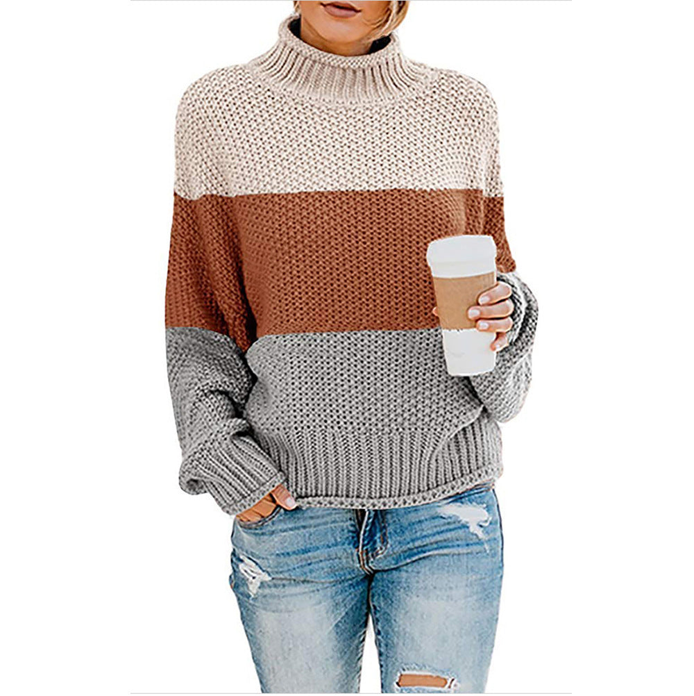 Damen Grobstrickpullover mit hohem Kragen und modischem Farbblockdesign Heidi-Mode