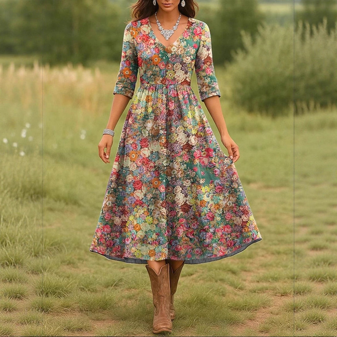 Damen Maxikleid mit floralem Design und elegantem V-Ausschnitt Heidi-Mode
