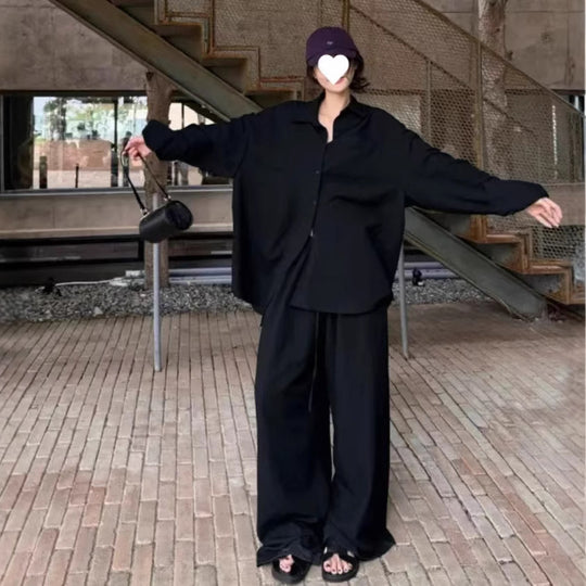 Damen Oversized Hemdblusenset mit weiten Hosen Heidi-Mode