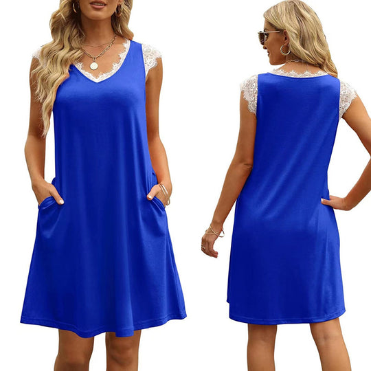 Damen ärmelloses Kleid mit Spitzendetail und seitlichen Taschen Heidi-Mode