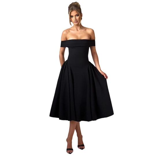 Damen Cocktailkleid mit schulterfreiem Design und voluminösem Rock Heidi-Mode