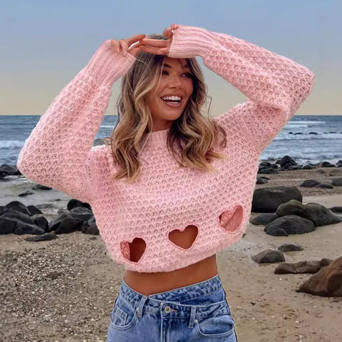 Damen Grob gestrickter Pullover mit Herzverzierungen und lockerem Schnitt Heidi-Mode