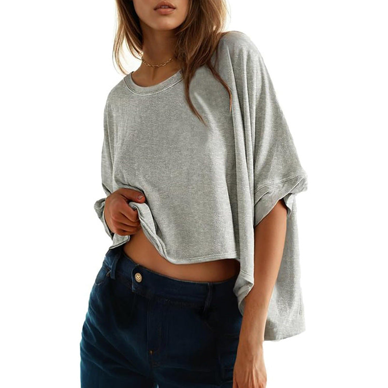 Damen lässiges cropped Oberteil mit weiten Ärmeln und Rundhalsausschnitt Heidi-Mode