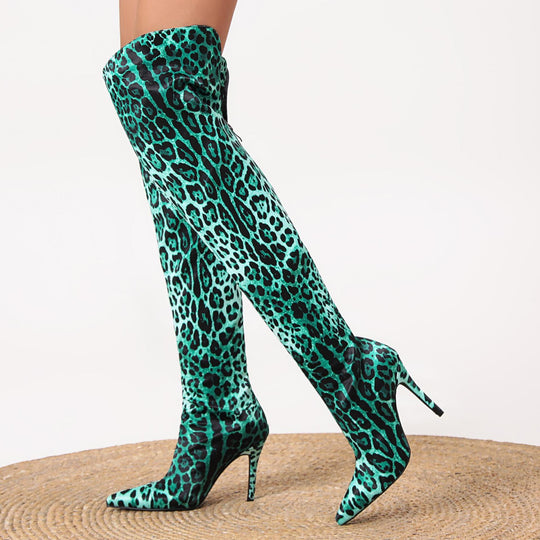 Femme Über-die-Knie Stiletto Stiefel mit auffälligem Tierdruck Heidi-Mode