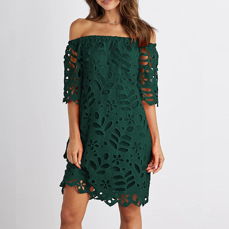 Damen Off-Shoulder Kleid mit floralen Cut-Outs und luftigen Ärmeln Heidi-Mode