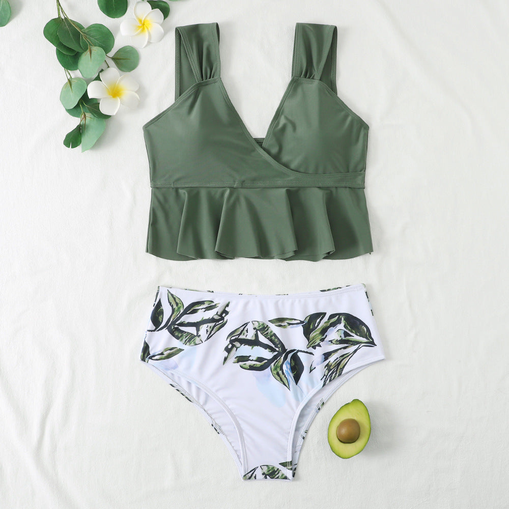 Damen Bademoden Set mit Rüschen und buntem Blatt-Muster Heidi-Mode