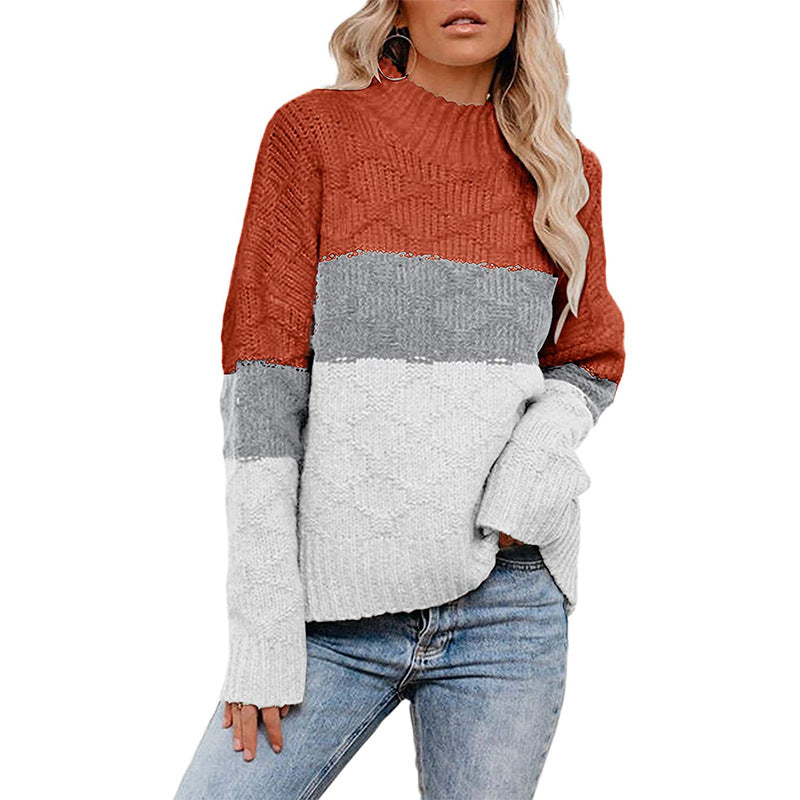 Damen farbenfroher Strickpullover mit strukturiertem Muster und hohem Kragen Heidi-Mode