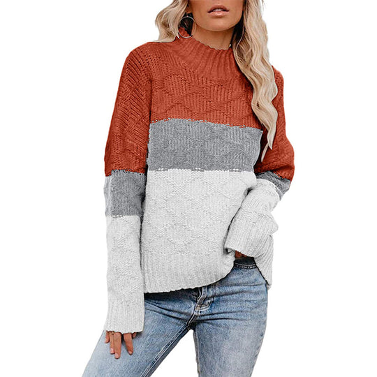 Damen farbenfroher Strickpullover mit strukturiertem Muster und hohem Kragen Heidi-Mode