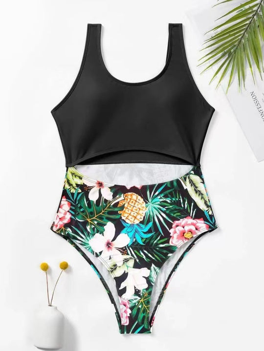 Damen Einteiler Badeanzug mit gestreiftem Oberteil und floralem Bottom Heidi-Mode