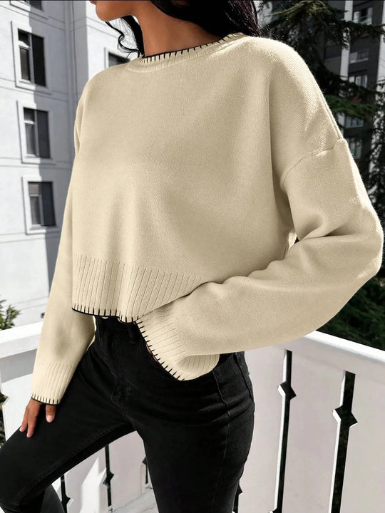 Damen lässiger Crop-Pullover mit strukturierten Säumen und Rundhalsausschnitt Heidi-Mode