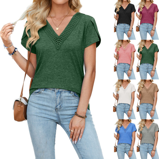 Damen Top mit tiefem V-Ausschnitt und filigranem Häkelmuster Heidi-Mode