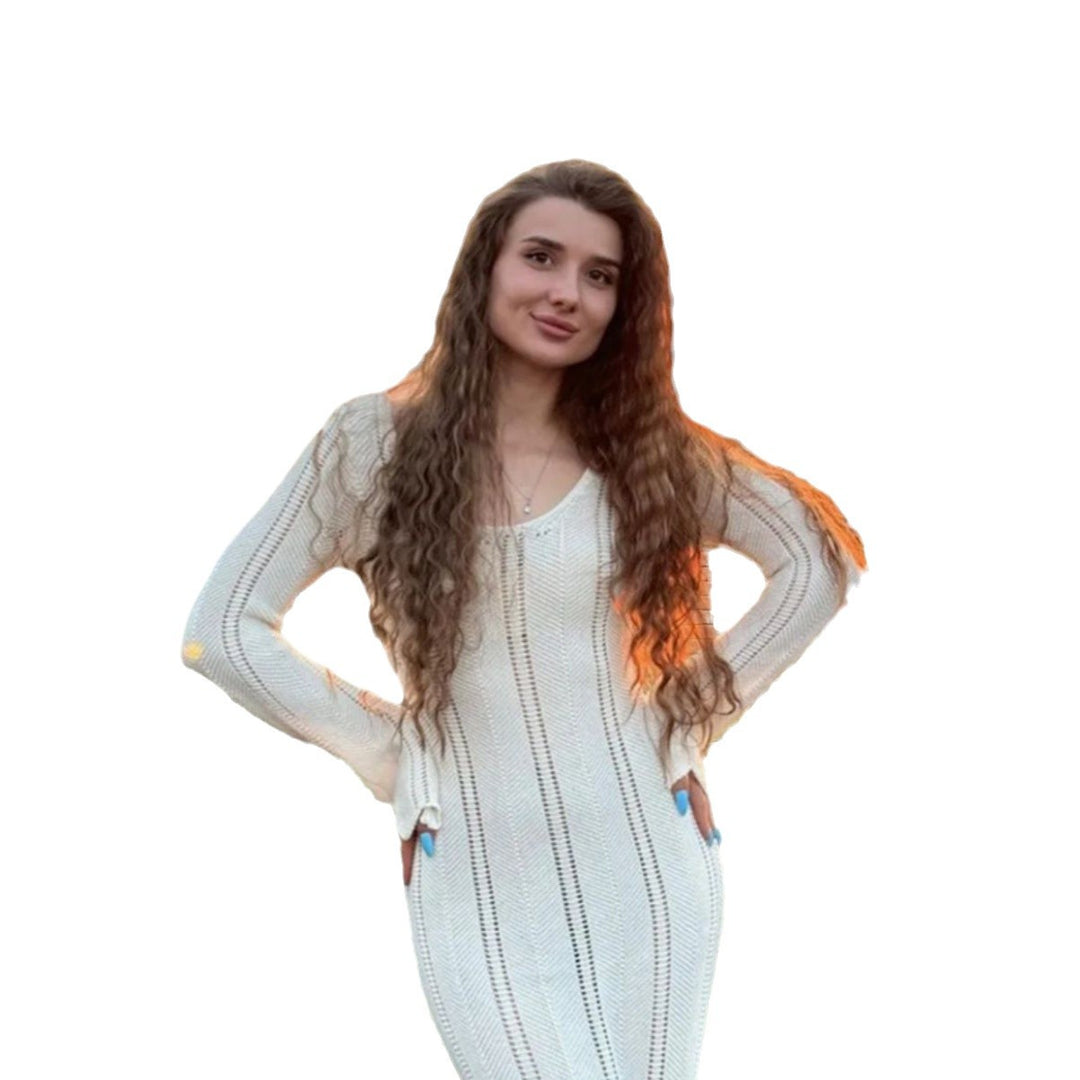 Damen Strickmaxikleid mit raffiniertem Lochmuster und tiefem V-Ausschnitt Heidi-Mode