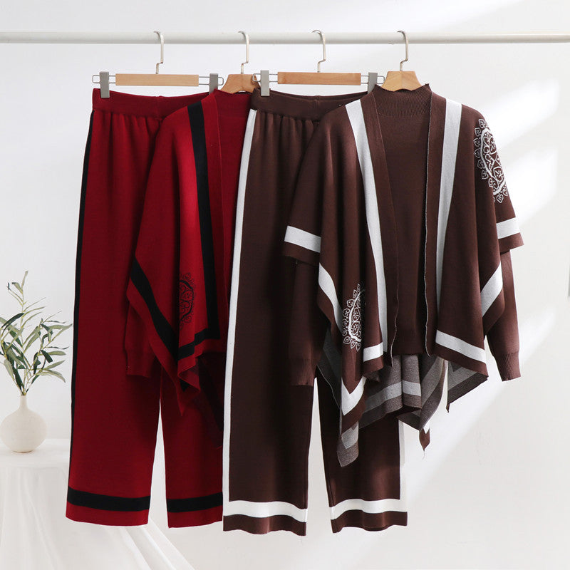 Damen elegantes Strick-Loungewear-Set mit grafischem Muster und weiten Ärmeln Heidi-Mode