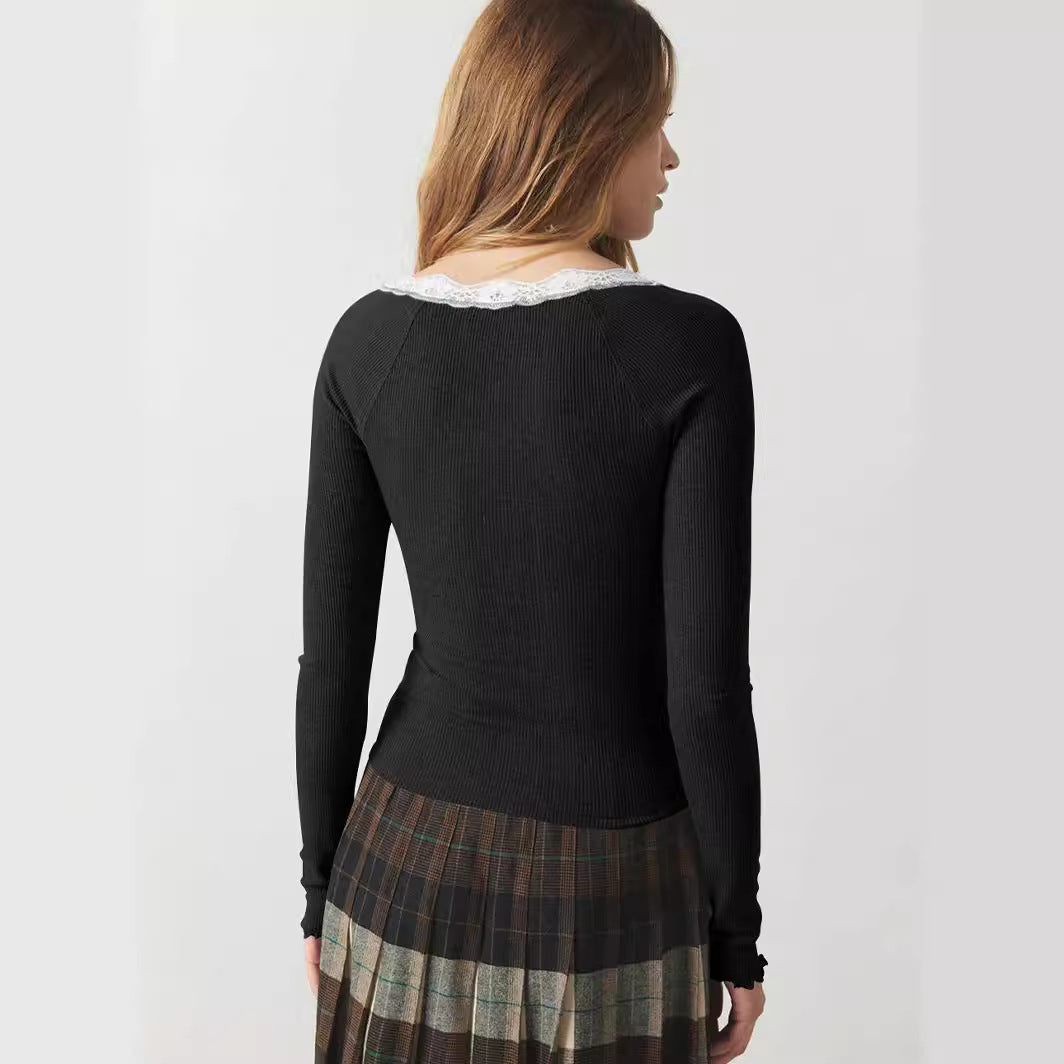 Damen Langarmshirt mit Spitzendetails und Knopfleiste Heidi-Mode