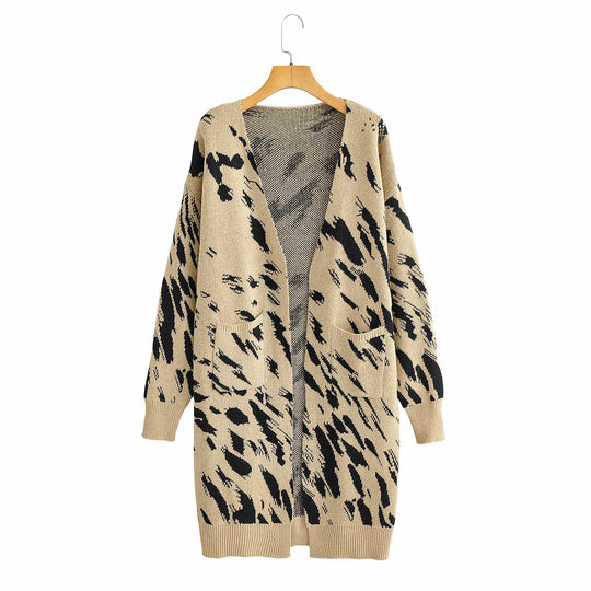 Damen Grobstrick-Cardigan mit modischem Leopardenmuster und praktischen Taschen Heidi-Mode