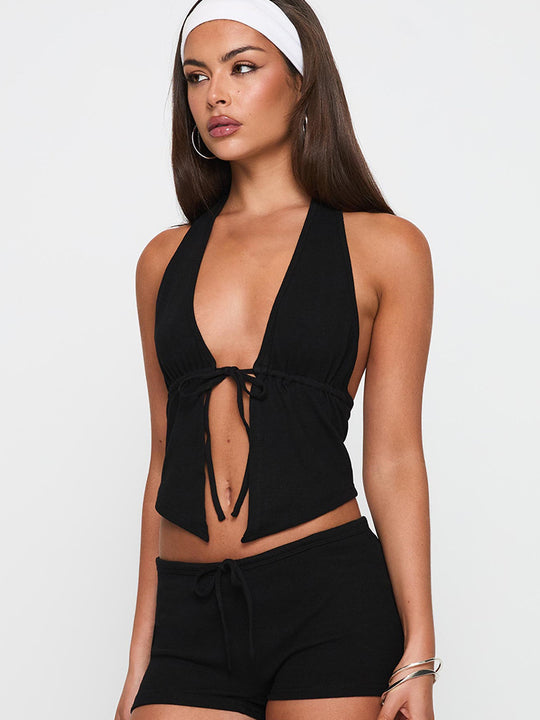 Damen lässiges Crop-Top und Shorts-Set mit verspieltem Knoten Heidi-Mode
