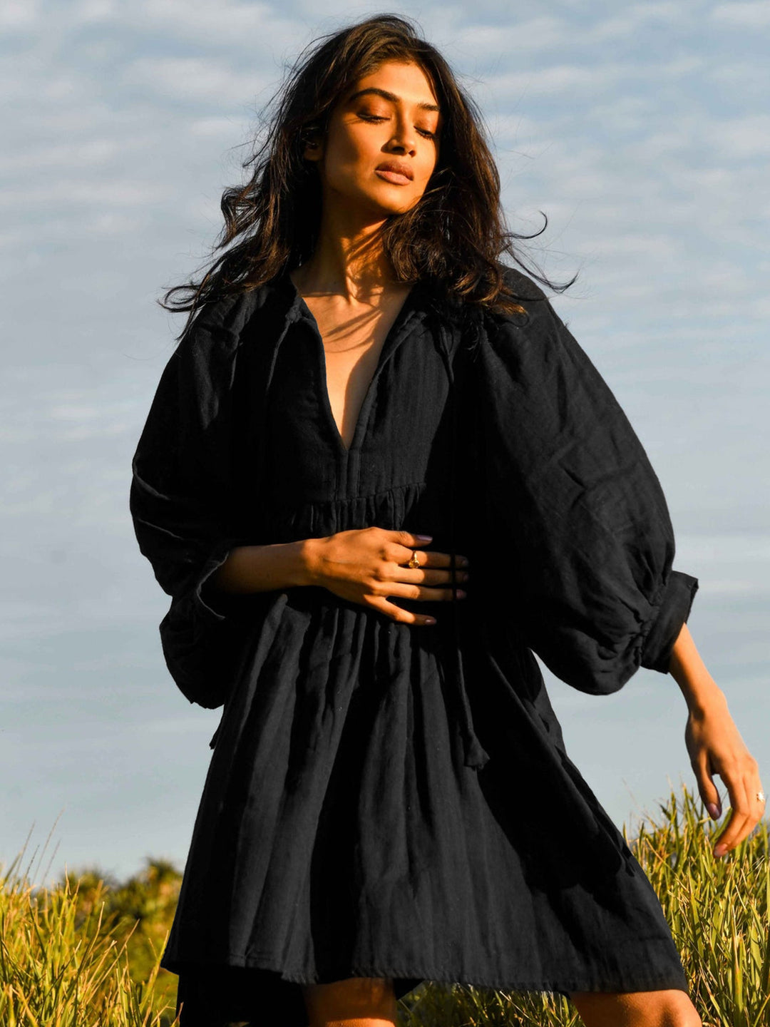 Heidi Mode | Sommer Frauen solide Farbe große Größe Laterne Ärmel Kleid