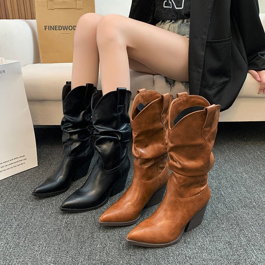 Damen Western-Stiefel mit eleganter Raffung und Absatz Heidi-Mode