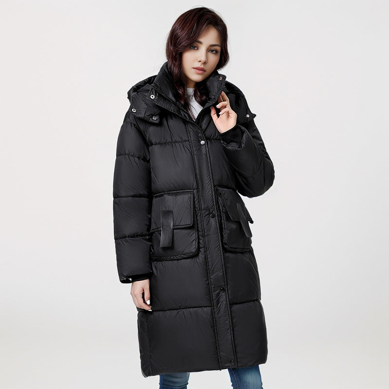 Damen gesteppter Langmantel mit wärmender Kapuze und praktischen Taschen Heidi-Mode