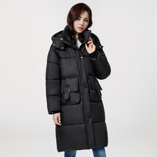 Damen gesteppter Langmantel mit wärmender Kapuze und praktischen Taschen Heidi-Mode