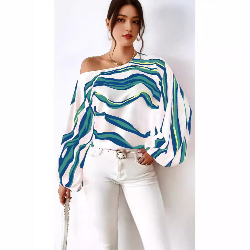 Damen Off-Shoulder Bluse mit voluminösen Ärmeln und maritimem Wellenmuster Heidi-Mode