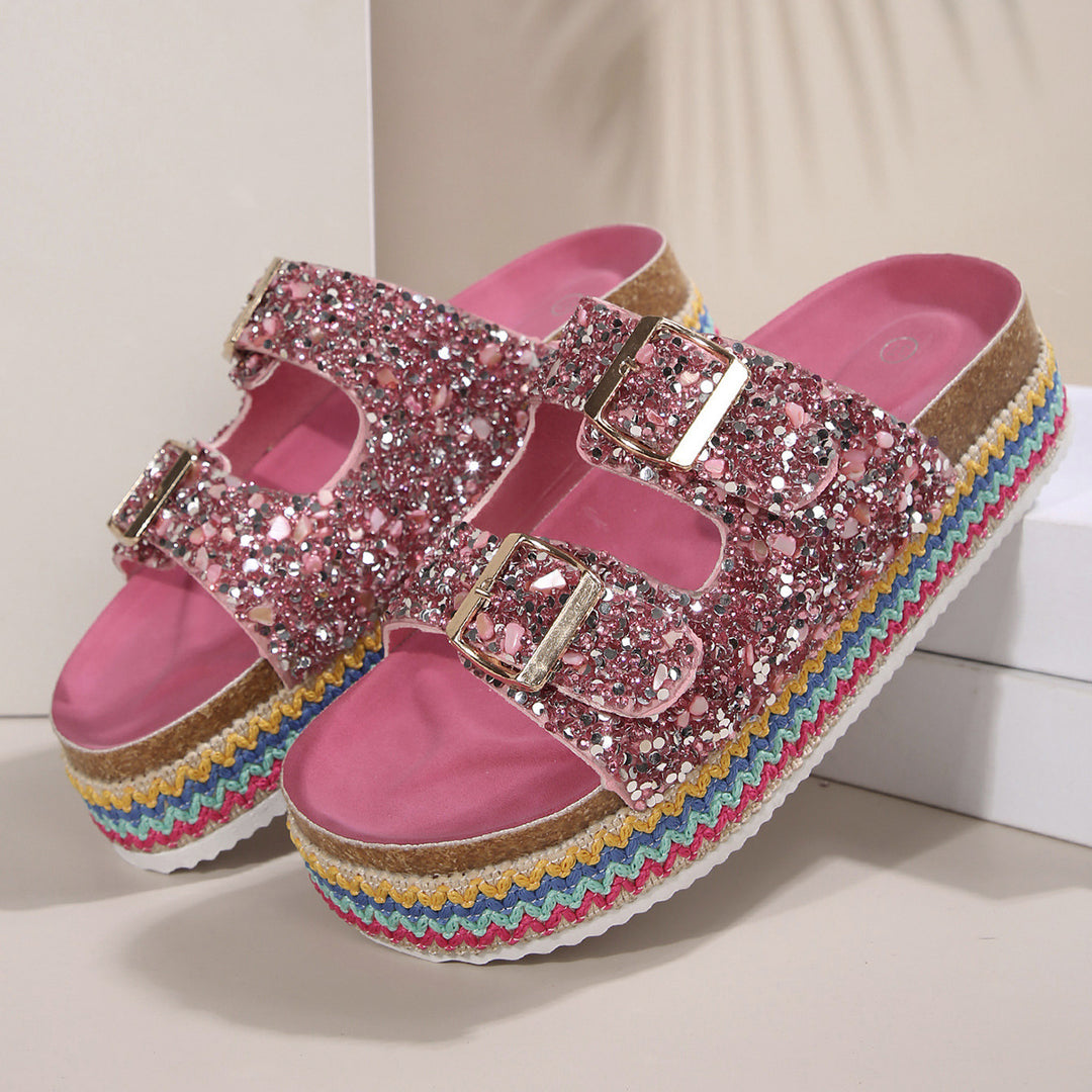 Damen Glitzernde Plateau-Sandalen mit Doppelschnalle und mehrfarbigem Boden Heidi-Mode