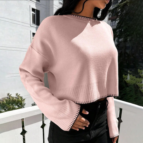 Damen lässiger Cropped Pullover mit feiner Rippstruktur und elastischem Bund Heidi-Mode