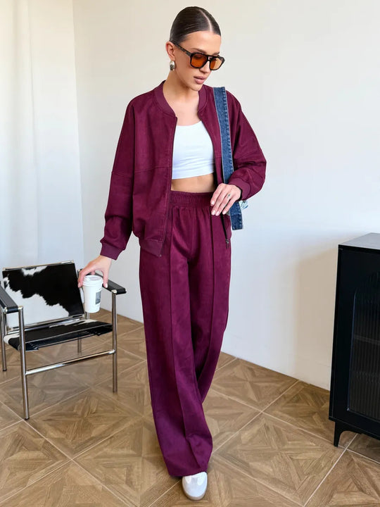 Damen Sportliche Loungewear-Jacke und weite Hose mit elastischem Bund Heidi-Mode