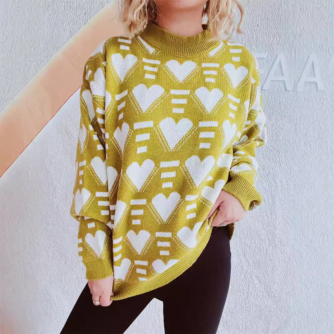 Damen gestrickter Pullover im modernen Herzdesign mit weitem Schnitt Heidi-Mode